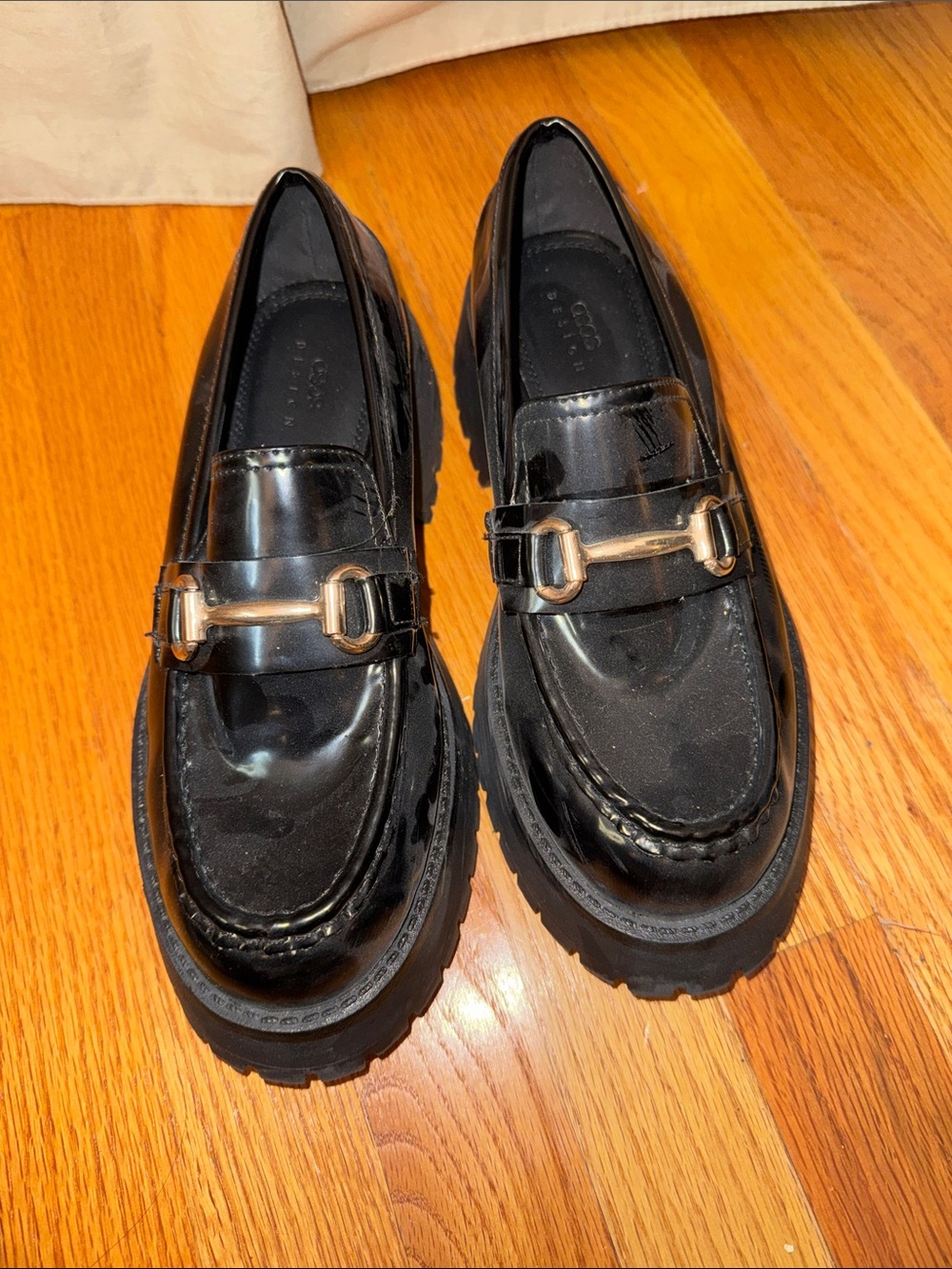 ASOS Black Patent Loafers with Gold Hardware